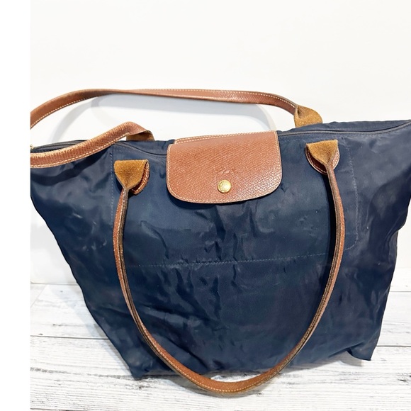 LONGCHAMP Le Pliage Navy Blue Canvas Br Copy gather Trim Travel Tote Bag - Picture 5 of 7